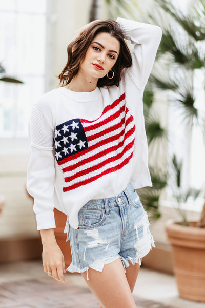 Miracle Clothing Knit American Flag Sweater for Women in White – Glik's