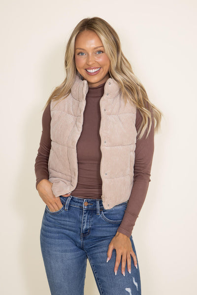 Love Tree Cropped Corduroy Puffer Vest for Women in Khaki