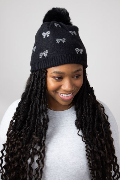 Black tulle bow embellished black outlets beanie