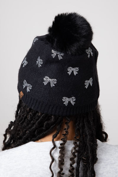 Black tulle bow top embellished black beanie