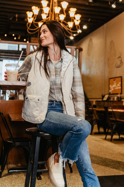 Thread & Supply Quilted Reversible Vest for Women in White Leopard