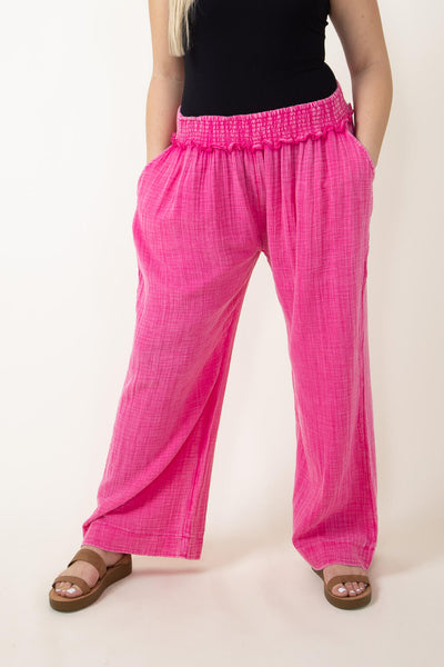 Linen Women Trousers Wide Waistband - Elastic Waist and Wide Leg -  Available in Green, Blue, Black, Rose Colours