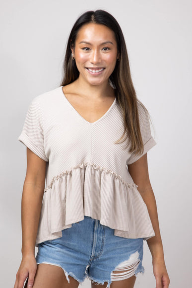 Urban Ribbed Knit V-Neck Peplum Top for Women in Oat