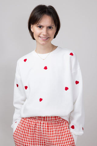 1897 Active Embroidered Hearts Fleece Crewneck for Women in Ivory Red