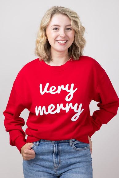 1897 Active Very Merry Patch Embroidered Fleece Sweatshirt for Women in Red