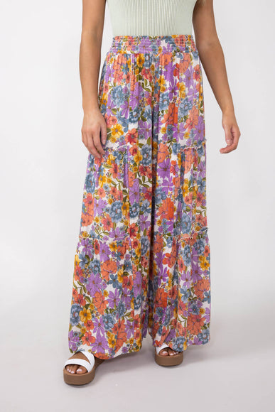 Tiered Floral Beach Pant for Women in White Multi