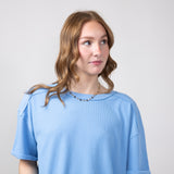 Blu Pepper Short Sleeve Crewneck Ribbed Knit Shirt for Women in Light Blue