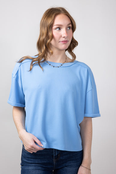 Blu Pepper Short Sleeve Crewneck Ribbed Knit Shirt for Women in Light Blue