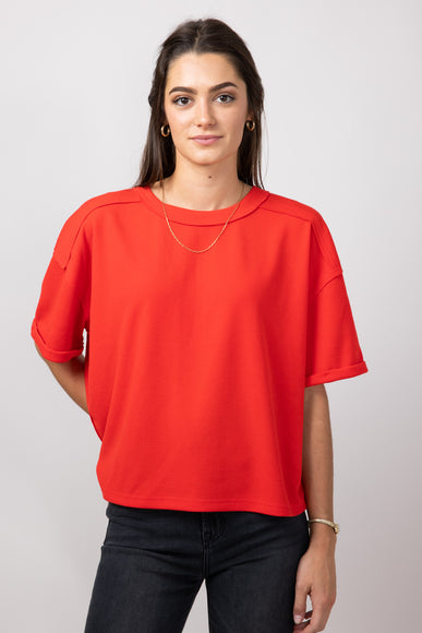 Blu Pepper Short Sleeve Crewneck Ribbed Knit Shirt for Women in Red