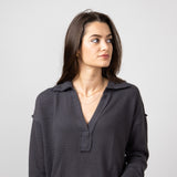 Blu Pepper Ribbed Knit Johnny Collar Polo Shirt for Women in Charcoal