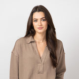 Blu Pepper Ribbed Knit Johnny Collar Polo Shirt for Women in Taupe