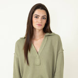 Blu Pepper Ribbed Knit Johnny Collar Polo Shirt for Women in Light Olive