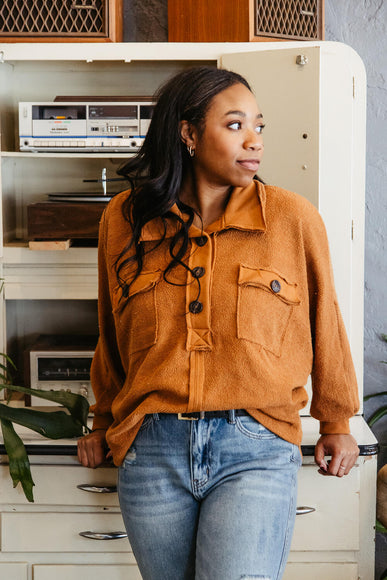 Bucketlist French Terry Button Up Sweater for Women in Camel Brown