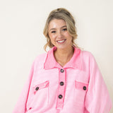 Bucketlist French Terry Fleece Button Up Sweater for Women in Neon Pink 