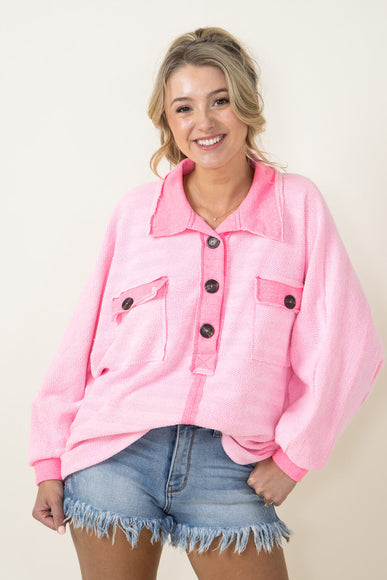 Bucketlist French Terry Fleece Button Up Sweater for Women in Neon Pink 