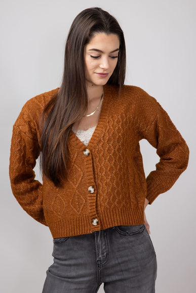 Button Front Cable Knit Cropped Cardigan for Women in Cinnamon