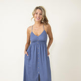 Button Front Midi Dress for Women in Indigo Blue