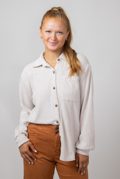 C & C California Luxe Waffle Button Up Shirt for Women in Silver