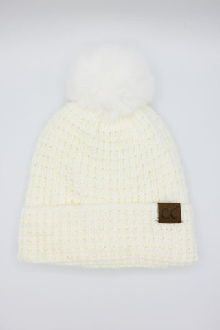 C.C. Waffle Knit Beanie with a Fur Pom for Women in Ivory