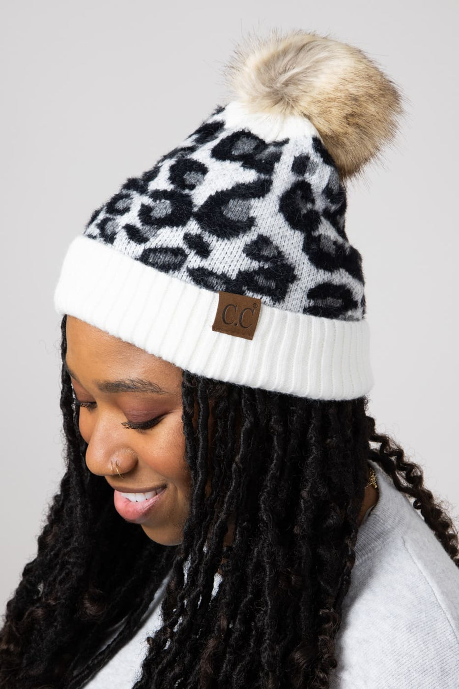 Leopard Pom Beanie Ivory