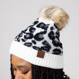 C.C. Leopard Pom-Pom Beanie for Women in Ivory