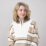 Colorblock Half Zip Striped Sweater for Women in Ecru