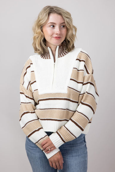 Colorblock Half Zip Striped Sweater for Women in Ecru