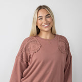  C & C California Daisy Crochet Terry Crewneck Pullover for Women in Burlwood