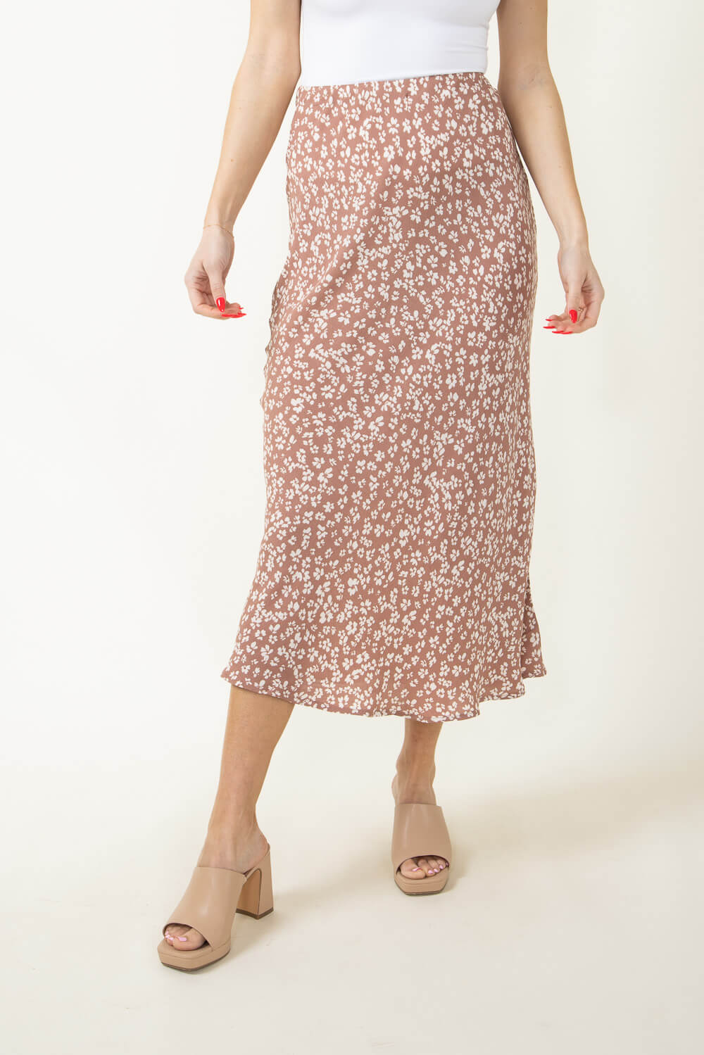 Ditsy Floral Midi Skirt for Women in Brown | 71120-MOCHA – Glik's