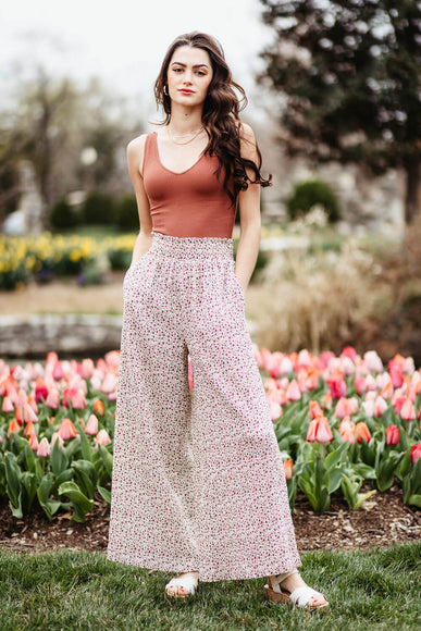 Ditsy Floral Smocked Waist Wide Leg Pants for Women