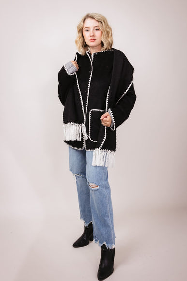 Elan Blanket Stitch Jacket with Detachable Scarf for Women in Black