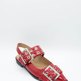 Soda Grillo Buckle Sling Flats for Women in Red