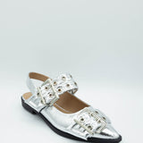  Soda Grillo Buckle Sling Flats for Women in Silver 