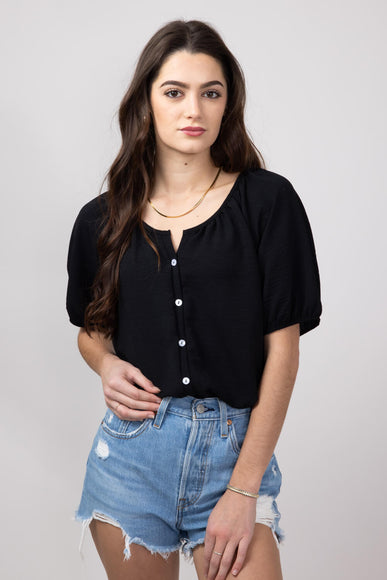 Chris & Carol Button Front Puff Sleeve Shirt for Women in Black