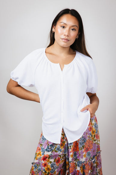 Chris & Carol Button Front Puff Sleeve Shirt for Women in Ivory