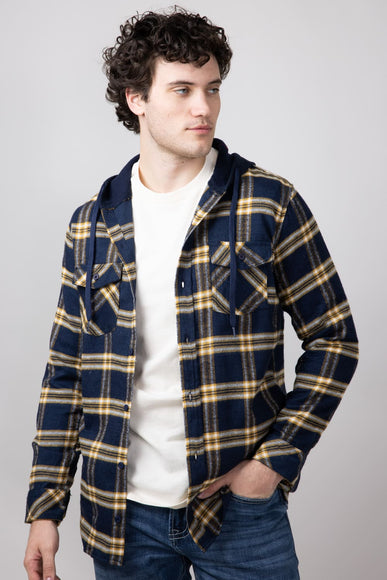 Hooded Plaid Flannel Shirt for Men in Navy