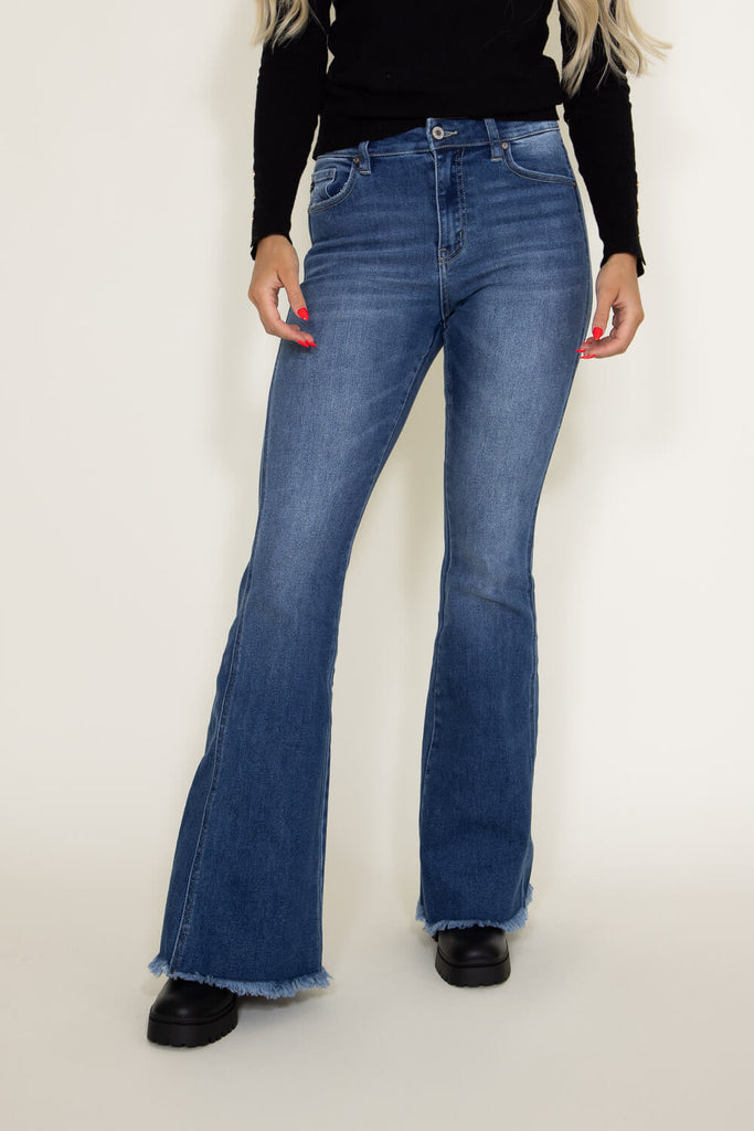 KanCan High-Rise Curvy Fray Hem Flare Jeans for Women