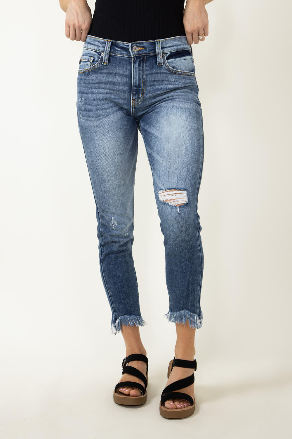 KanCan Mid Rise Medium Frey Hem Skinny Jeans for Women