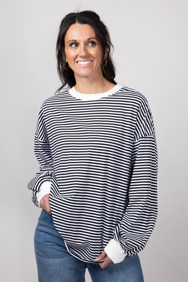 La Miel Pencil Stripe Crewneck Long Sleeve Top for Women in Black