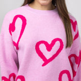 Long Sleeve Pink Hearted Sweater for Women in Pink 