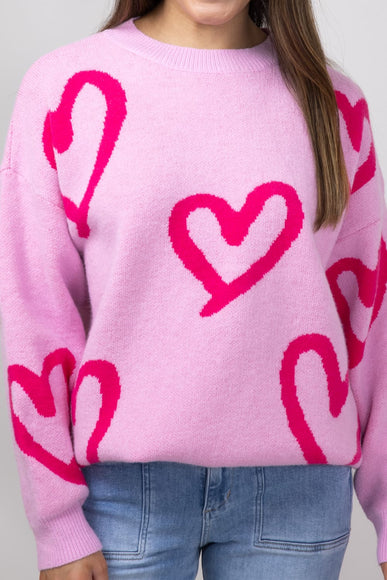 Long Sleeve Pink Hearted Sweater for Women in Pink 