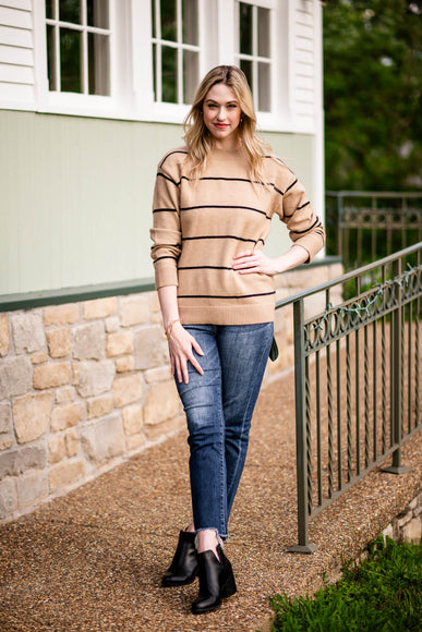 La Miel Pencil Stripe Crewneck Sweater for Women in Brown