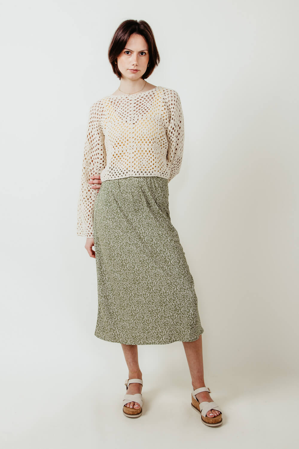 Ditsy Floral Midi Skirt for Women in Sage