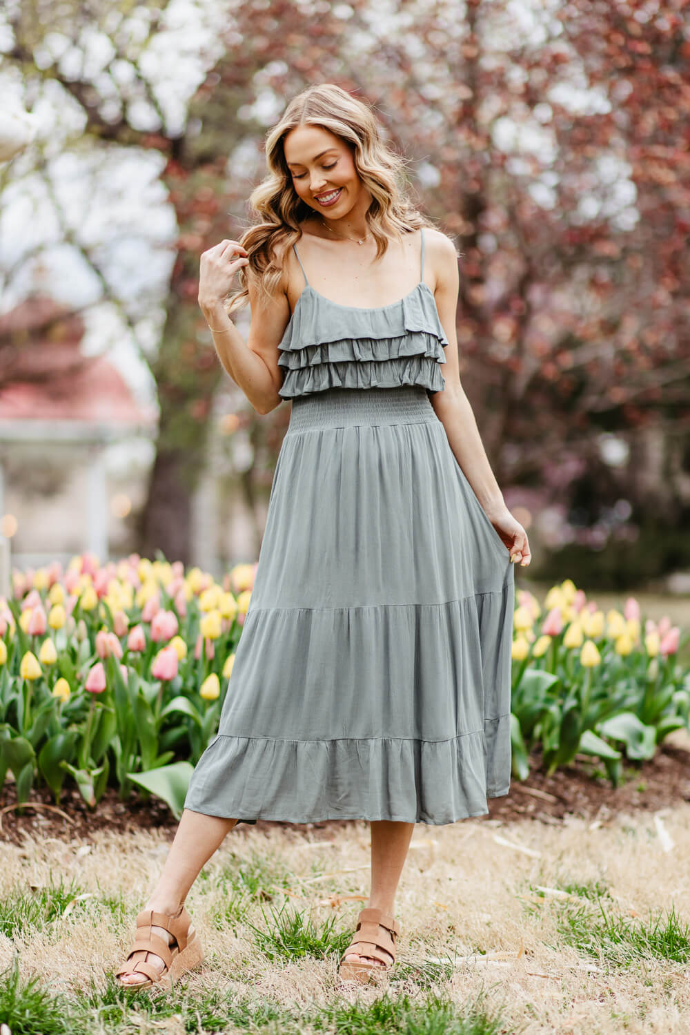 Rokoko Layered Ruffle Tiered Smocked Midi Dress for Women in Green | R –  Glik's