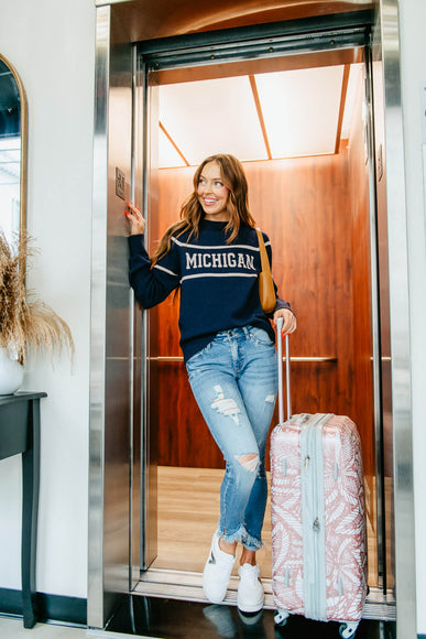 Thread & Supply Michigan Varsity Lettering Sweater for Women in Navy