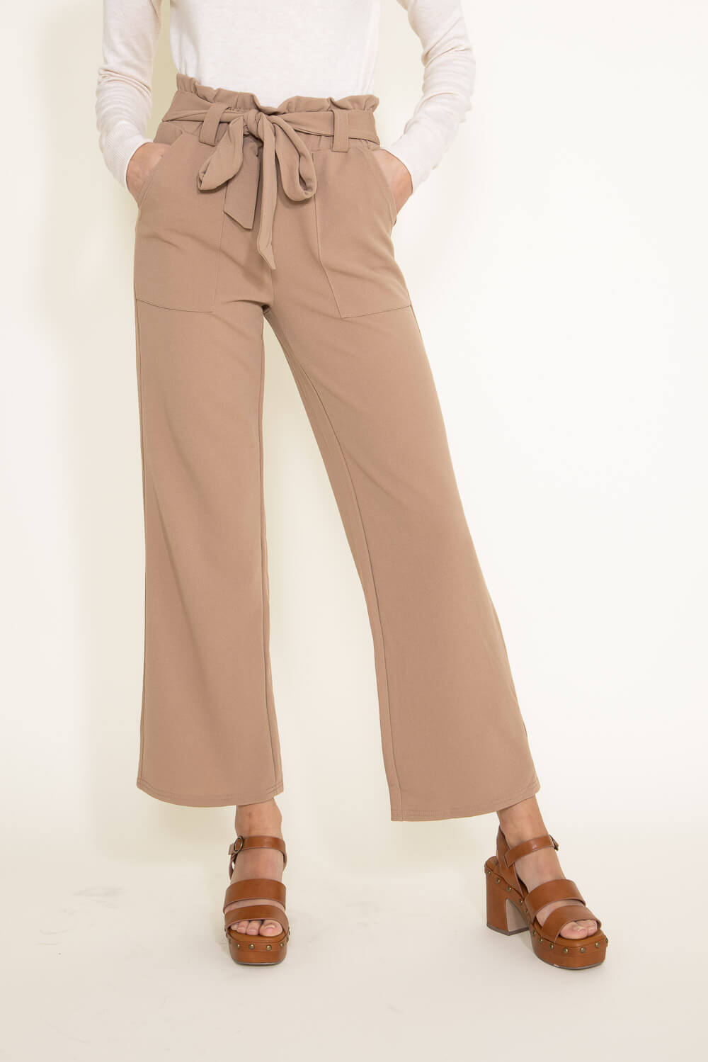 Dotted Smocked Waist Wide Leg Pants for Women in Taupe