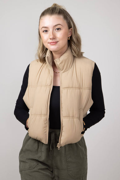 Love Tree Crinkle Puffer Vest for Women in Khaki