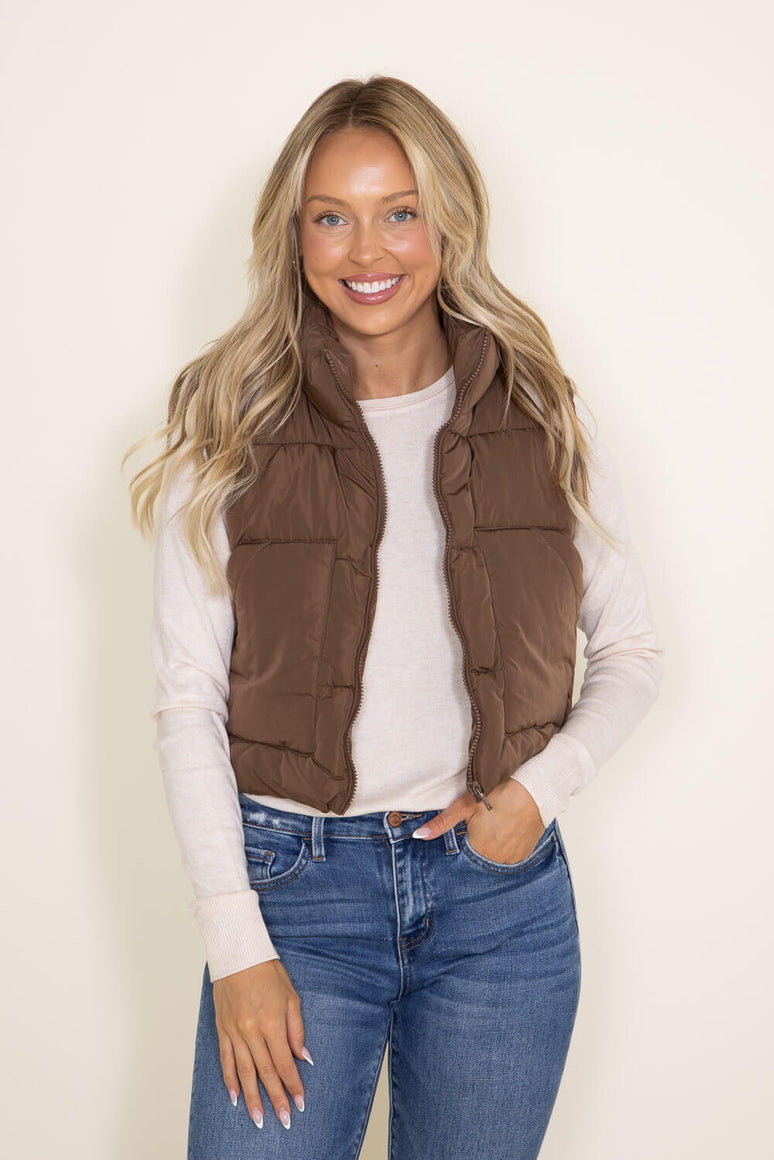 Love Tree Cropped Puffer Vest For Women In Brown 5073vm Cocoa Gliks 6632