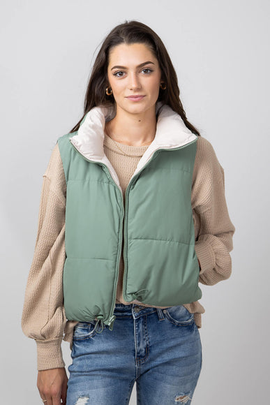 Love Tree Cropped Reversible Puffer Vest for Women in Olive/Beige 