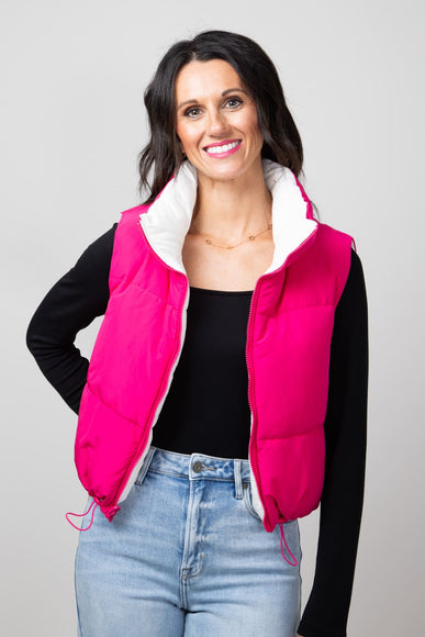 Love Tree Cropped Reversible Puffer Vest for Women in White/Fuchsia